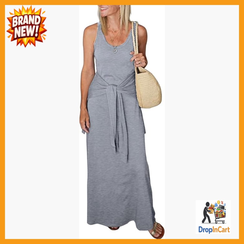Sleeveless Maxi Dress Tie Waist Slim Fit Casual Summer Beach Tank